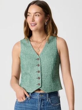 J Crew 2025 Wool Blend Green Herringbone Button Front Vest Size 4
